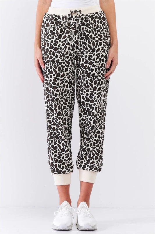 Ivory & Black Leopard High Waisted Rib Waist And Cuff Drawstring On The Waist Two Side Pocket Oversized Jogger Pants /3-2-1 - Tasha Apparel Wholesale