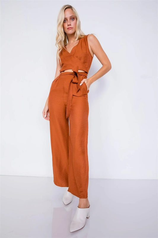 Camel Satin Wide Pant Leg Maxi Wrap Cut-Out Jumpsuit - Tasha Apparel Wholesale