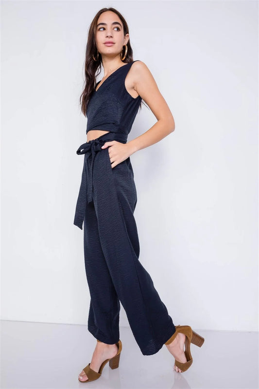 Navy Satin Wide Leg Maxi Wrap Cut-Out Jumpsuit - Tasha Apparel Wholesale