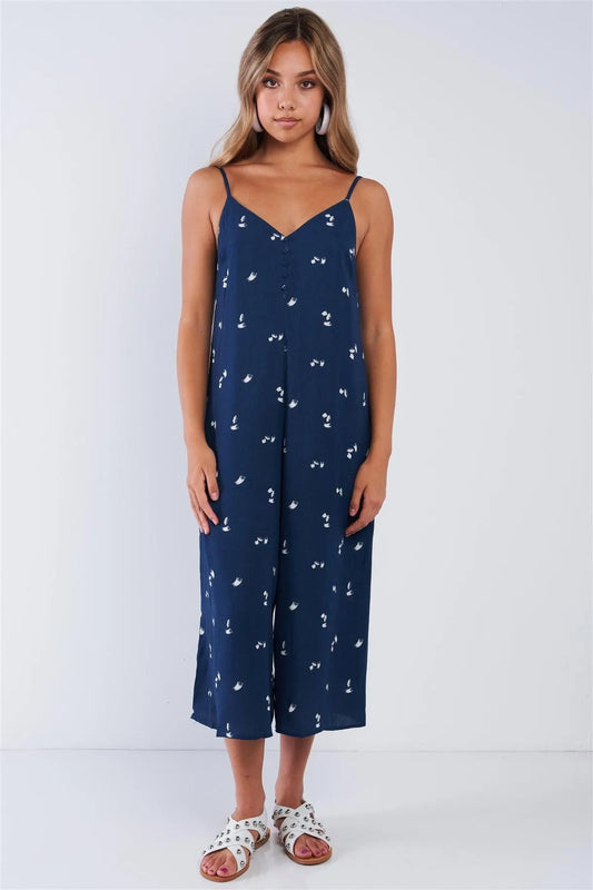 Navy Relaxed Fit Wide Leg Sleeveless Brush Stroke Cami Strap Jumpsuit /3-2-1 - Tasha Apparel Wholesale