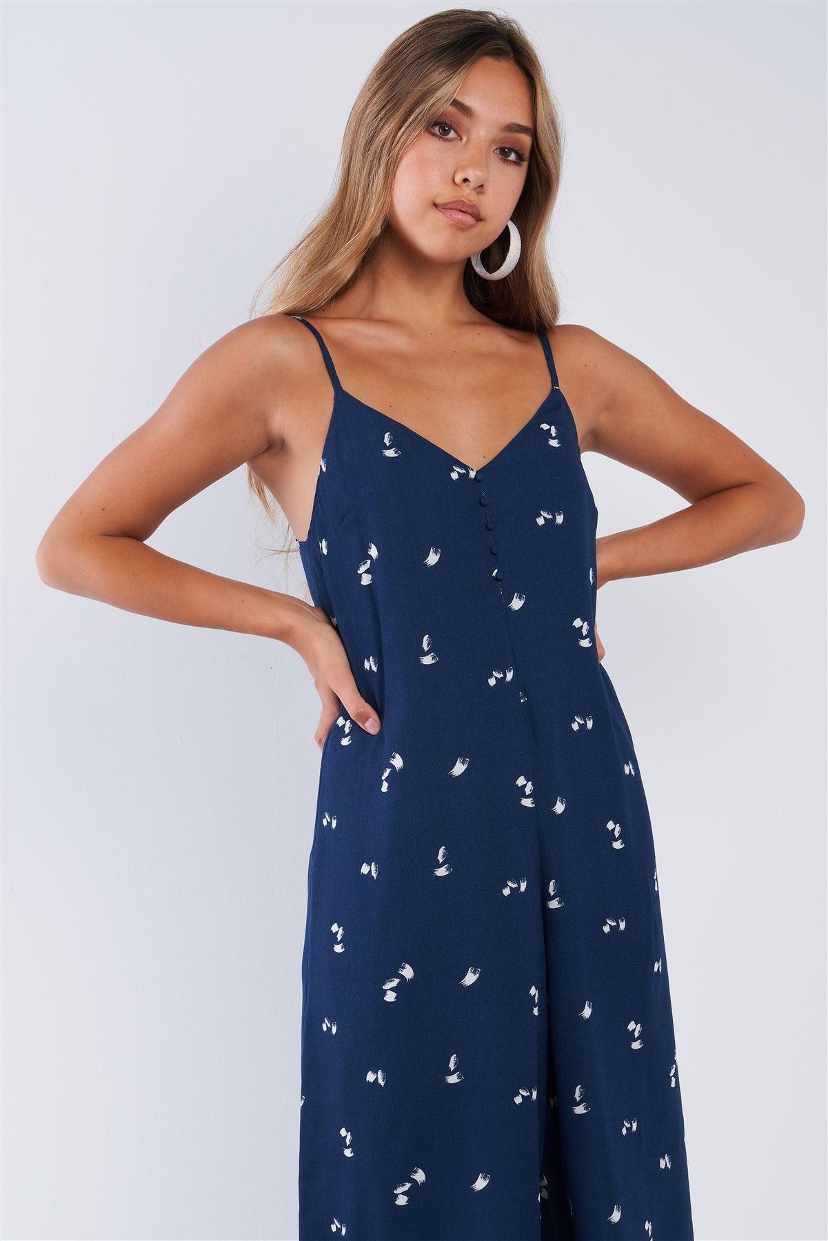 Navy Relaxed Fit Wide Leg Sleeveless Brush Stroke Cami Strap Jumpsuit /3-2-1