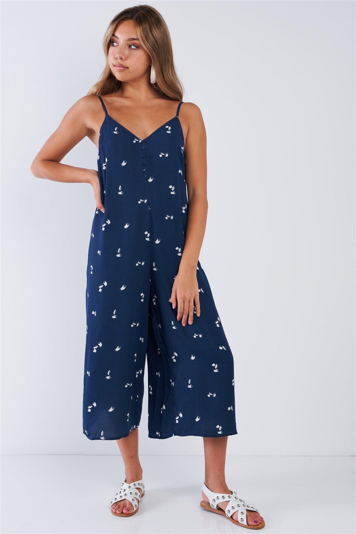 Navy Relaxed Fit Wide Leg Sleeveless Brush Stroke Cami Strap Jumpsuit /3-2-1