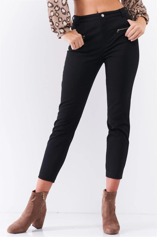 Black High Rise Two Front Sewn Pockets With Zipper Closure Stretchy Pants /3-2-1 - Tasha Apparel Wholesale
