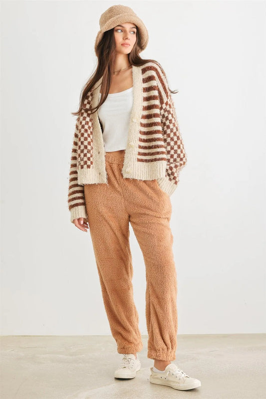 Tan Fuzzy Knit Two Pocket High Waist Pants - Tasha Apparel Wholesale
