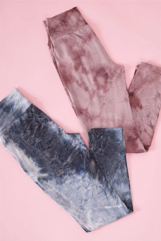 Comfy Plum Pink Tie-Dye High Waisted Stretchy Yoga Legging Pants /3-2-1 - Tasha Apparel Wholesale