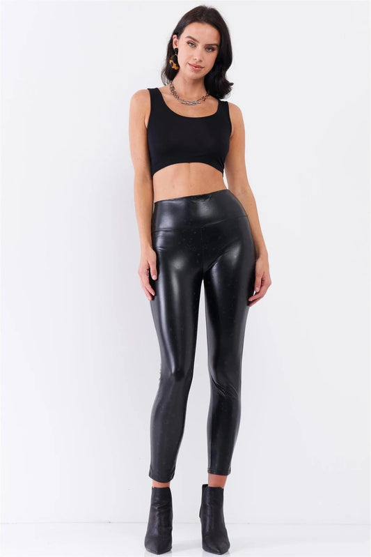 Black Star Print High Waisted Vegan Leather Fitted Legging Pants /3-2-1 - Tasha Apparel Wholesale