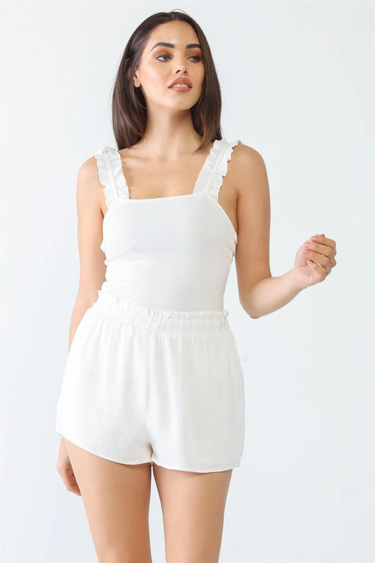 White Linen Blend Elasticized High Waist Shorts /2-2-1 - Tasha Apparel Wholesale