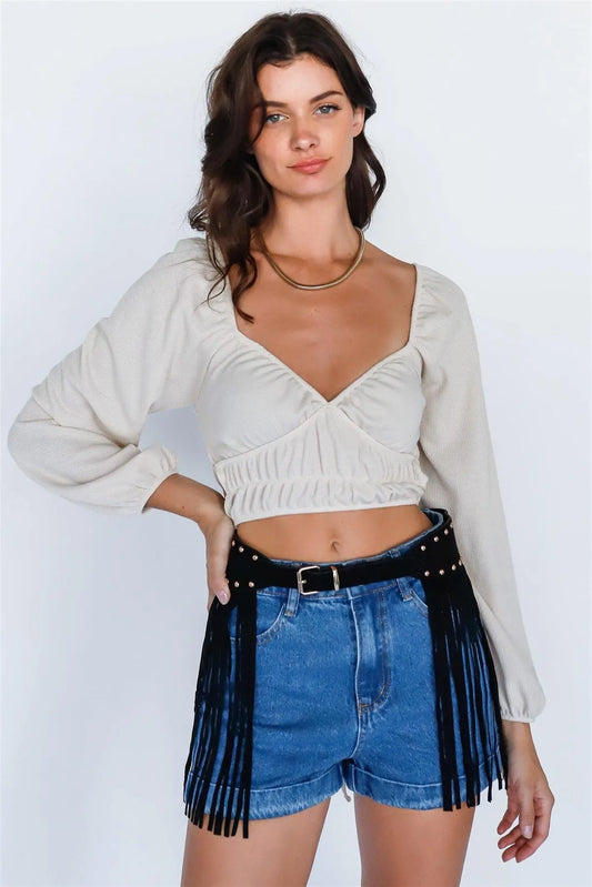 Denim Cotton High Rise Shorts & Faux Suede Fringe Studded Belt Set /3-2-1 - Tasha Apparel Wholesale
