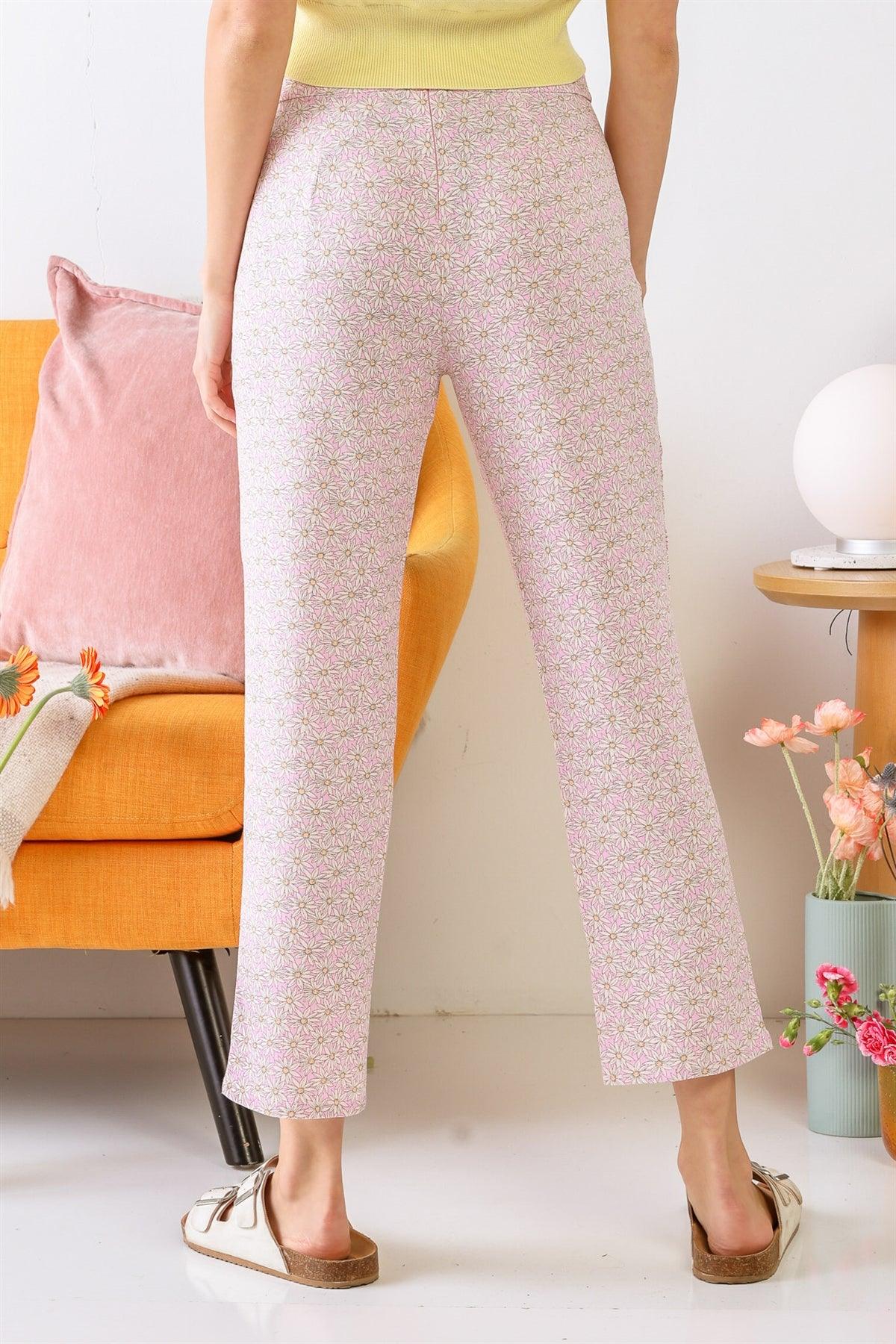 Pink & Cream Chamomile Print Two Pocket High Waist Pants /3-2-1