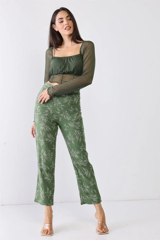 Green Floral Print High Waist Two Pocket Pants /3-2-1 - Tasha Apparel Wholesale