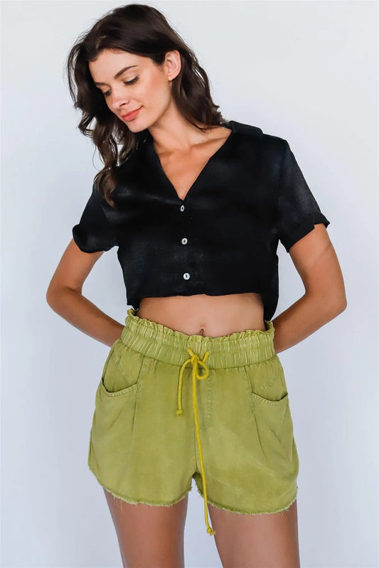 Moss Green Washed High Rise Raw Hem Shorts /3-2-1 - Tasha Apparel Wholesale