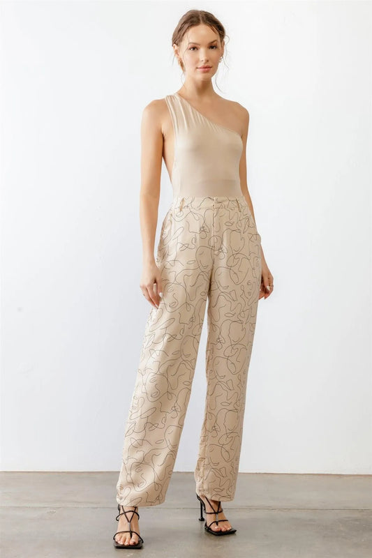 Ivory Black Abstract Print High Waist Two Pocket Wide Leg Pants /1-2-2-1 - Tasha Apparel Wholesale