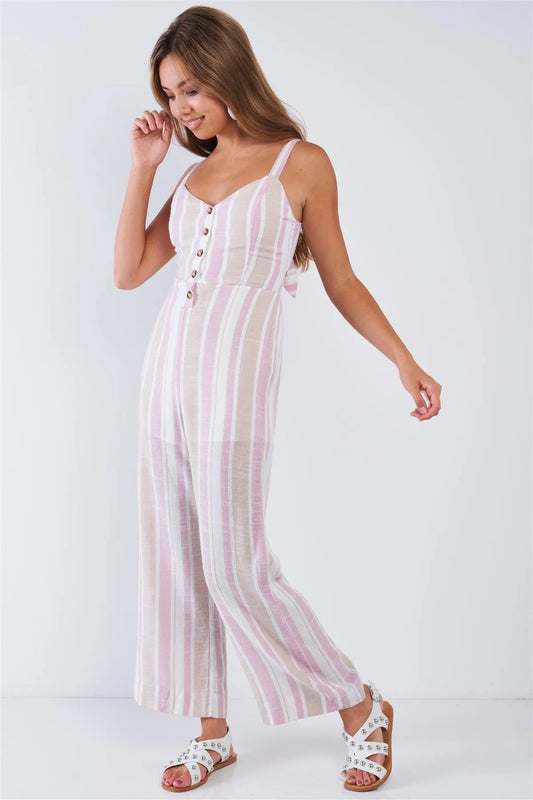 White Rose Taupe Striped Button Up Wide Leg Sleeveless Linen Jumpsuit /3-2-1 - Tasha Apparel Wholesale