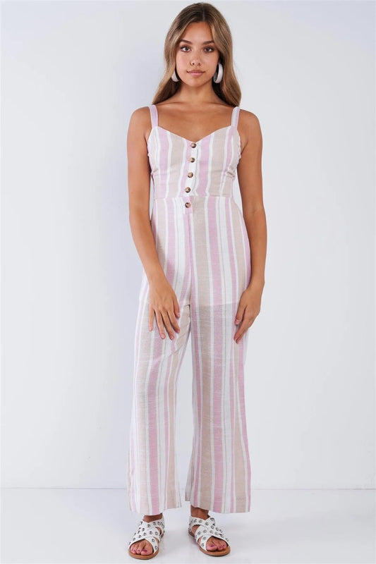 White Rose Taupe Striped Button Up Wide Leg Sleeveless Linen Jumpsuit - Tasha Apparel Wholesale