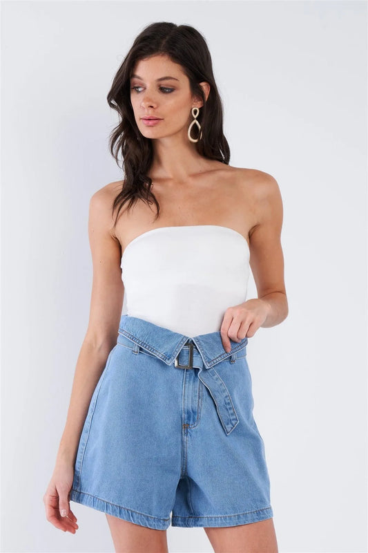 Light Denim Blue Collared High Waisted Attached Belt Jean Shorts /3-2-1 - Tasha Apparel Wholesale