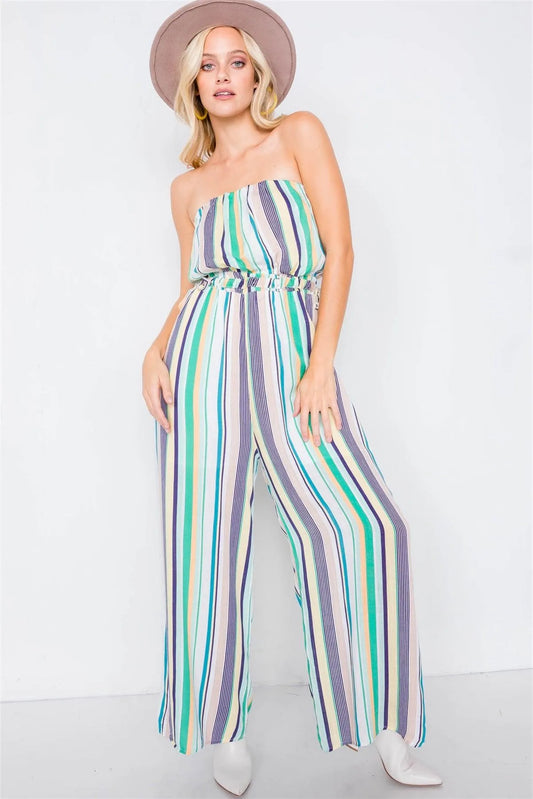 Green Multi Stripe Strapless Lightweight Wide Leg Jumpsuit /3-2-1 - Tasha Apparel Wholesale