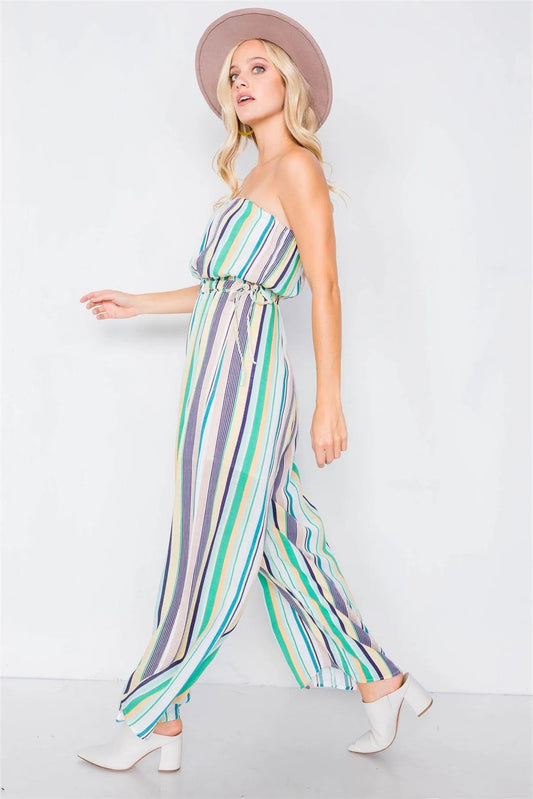 Green Multi Stripe Strapless Lightweight Wide Leg Jumpsuit /4-2-1 - Tasha Apparel Wholesale