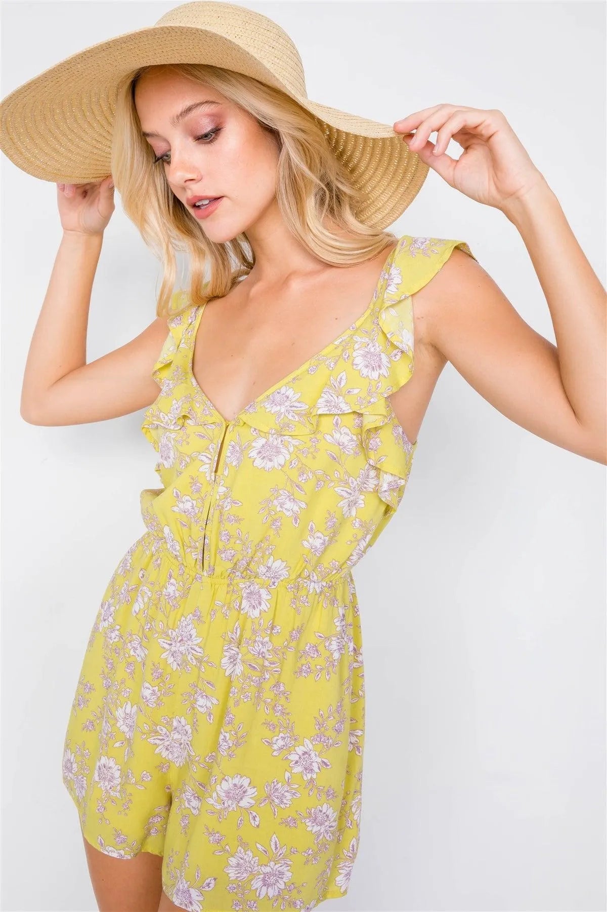 Melon Floral Print Ruffle V-Neck Short Mini Romper /3-2-1 - Tasha Apparel Wholesale