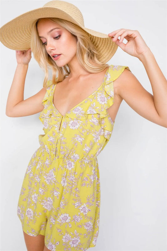 Melon Floral Print Ruffle V-Neck Short Mini Romper /3-2-1 - Tasha Apparel Wholesale