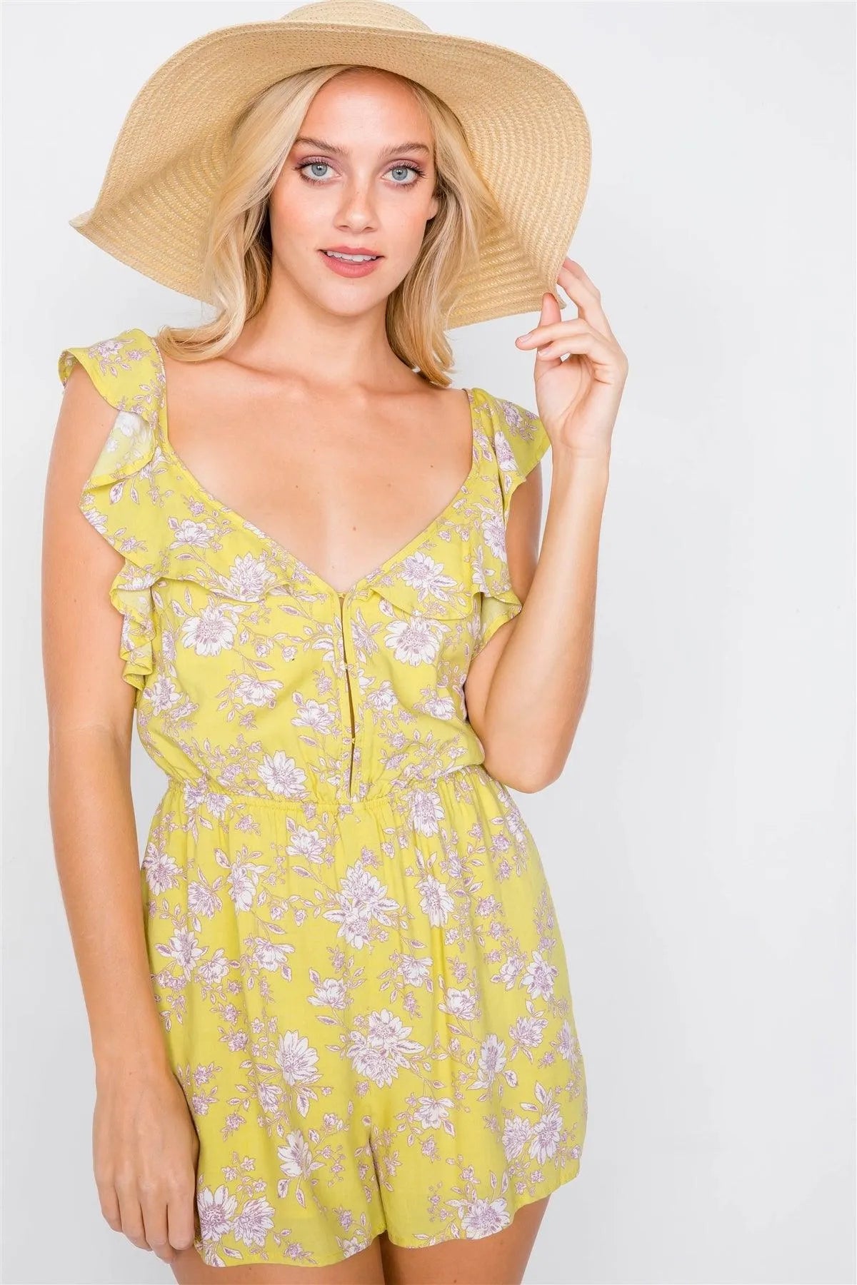 Melon Floral Print Ruffle V-Neck Short Mini Romper /3-2-1 - Tasha Apparel Wholesale
