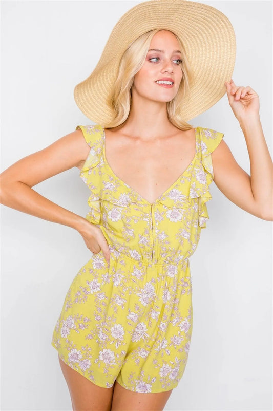 Melon Floral Print Ruffle V-Neck Short Mini Romper /4-2-1 - Tasha Apparel Wholesale