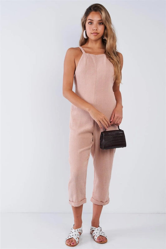 Dusty Rose Square Neck High Capri Pant Jumpsuit - Tasha Apparel Wholesale