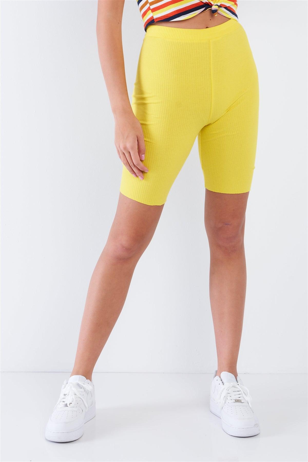 Athletic Neon Yellow Ribbed High Midi Biker Shorts /3-2-1