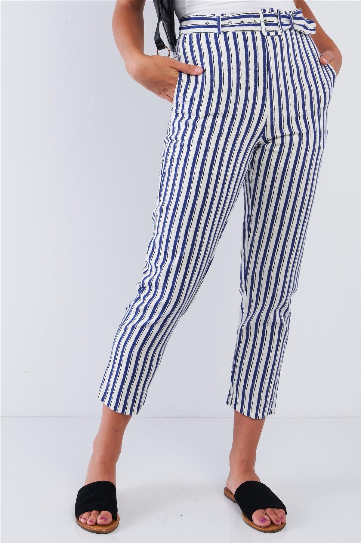 Navy Striped Tapered Belted Capri Pant /3-2-1