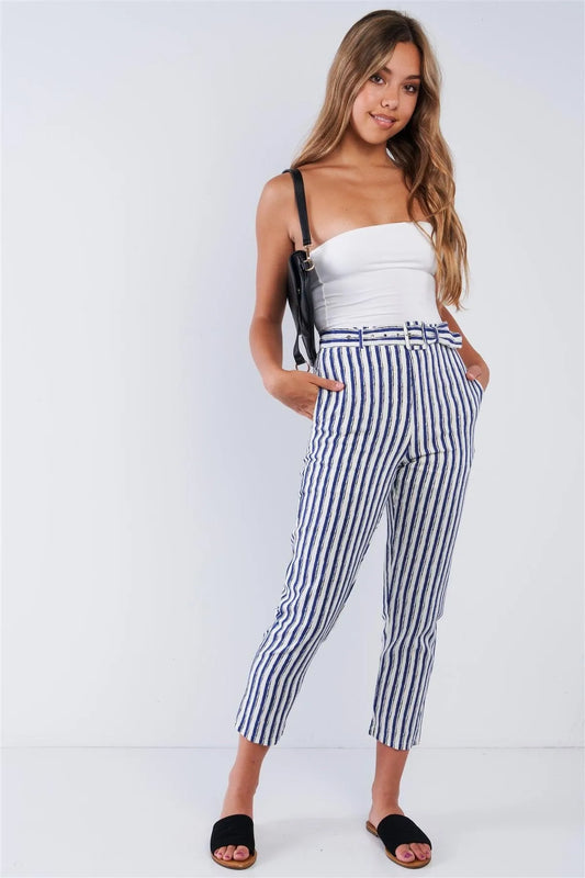 Navy Striped Tapered Belted Capri Pant - Tasha Apparel Wholesale