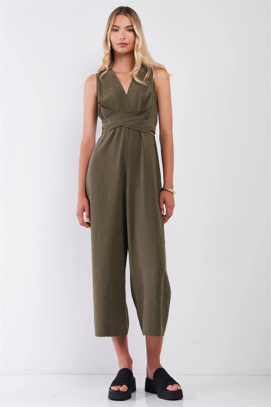 Olive V-Neck Sleeveless Back Self-Tie Waistline Wide Leg Ankle Length Jumpsuit /3-2-1 - Tasha Apparel Wholesale