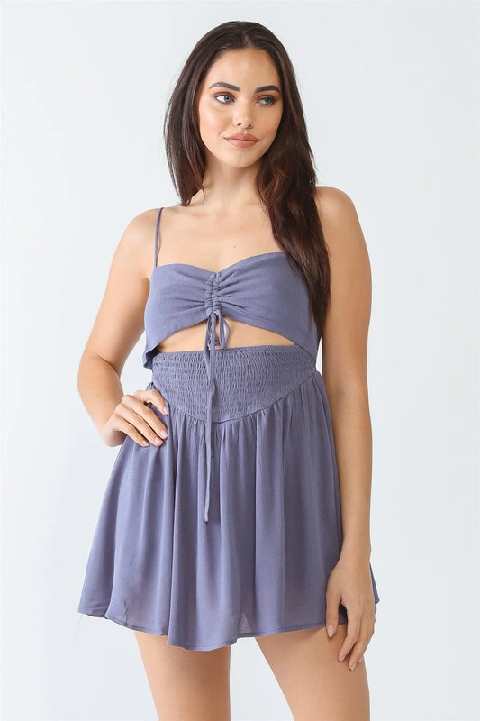 Midnight Textured Ruched Smocked Sleeveless Cut-Out Romper /3-2-1 - Tasha Apparel Wholesale