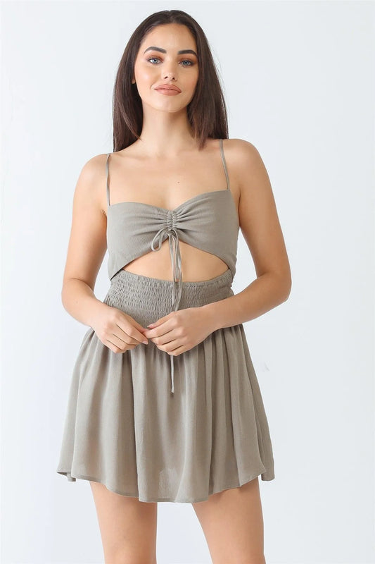 Olive Textured Ruched Smocked Sleeveless Cut-Out Romper /3-2-1 - Tasha Apparel Wholesale