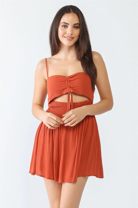 Rust Textured Ruched Smocked Sleeveless Cut-Out Romper /3-2-1 - Tasha Apparel Wholesale
