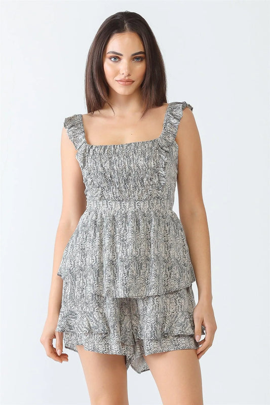Navy Printed Tired Sleeveless Ruffle Self-Tie Back Romper /3-2-1 - Tasha Apparel Wholesale