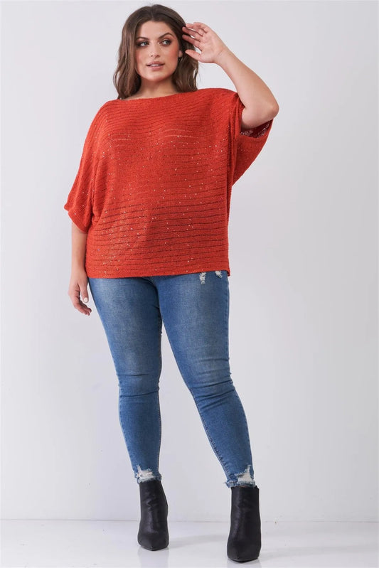 Junior Plus Size Dark Coral Sequin Sheer Knit Bateau Neck Drop Shoulder Loose Fit Top /2-1-2 - Tasha Apparel Wholesale