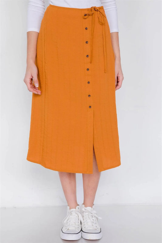 Rust Side Button Mock Wrap Mini Slit Office Chic Midi Skirt /2-2-2 - Tasha Apparel Wholesale