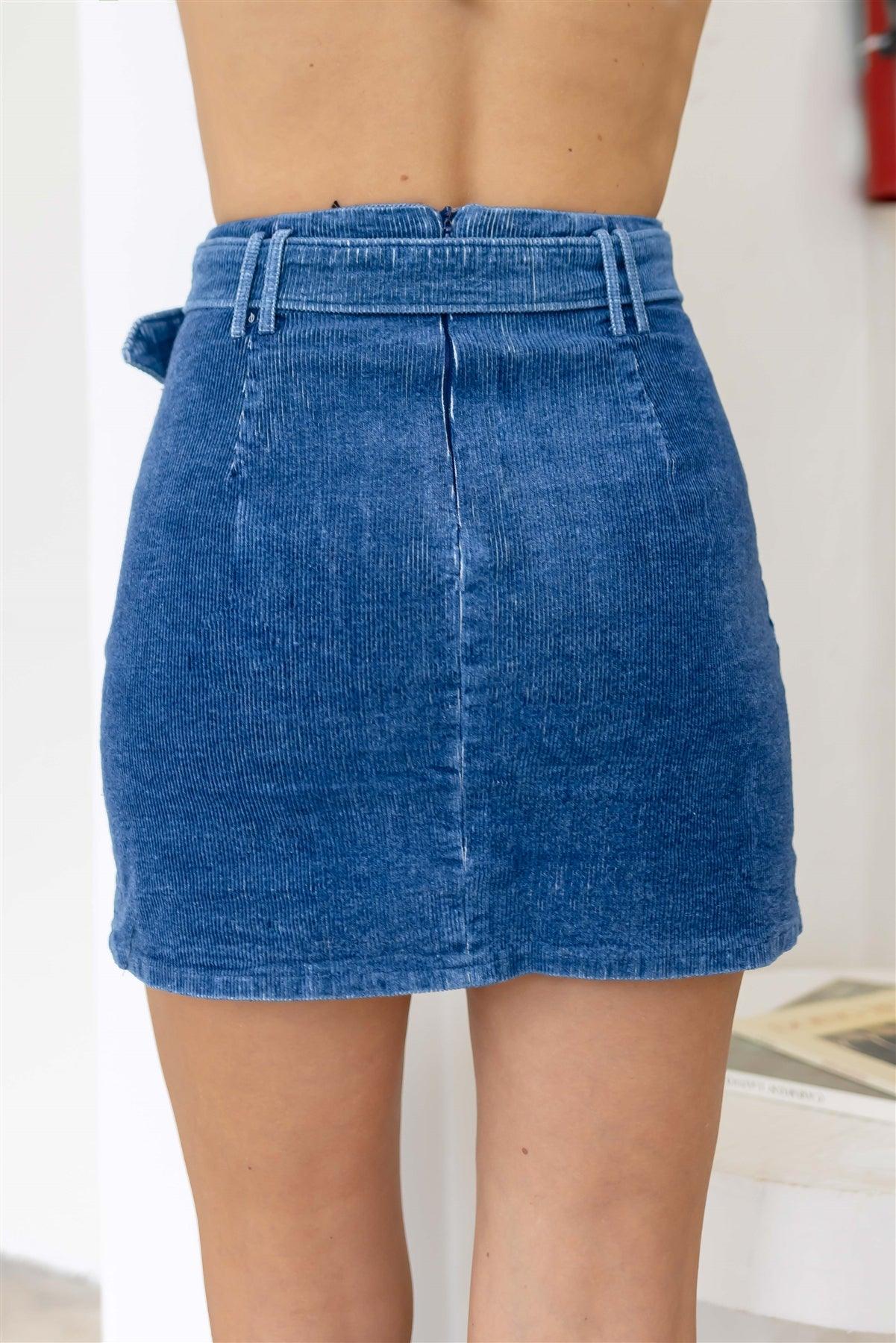 Blue Cotton Corduroy Retro Belted Skirt /3-2-1