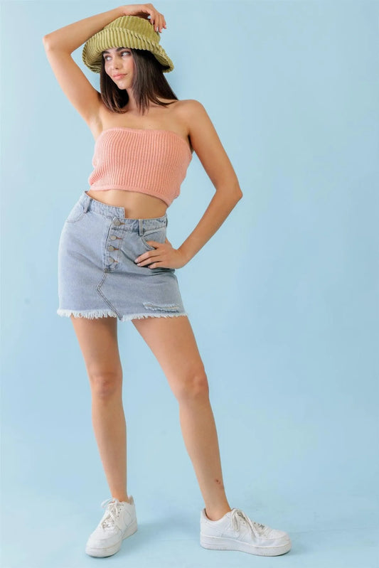 Denim Cotton Four Pocket Trim Hem High Waist Mini Skirt /3-2-1 - Tasha Apparel Wholesale