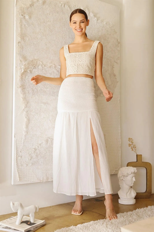 White Cotton Smocked High Waist Side Slit Midi Skirt /3-2-1 - Tasha Apparel Wholesale