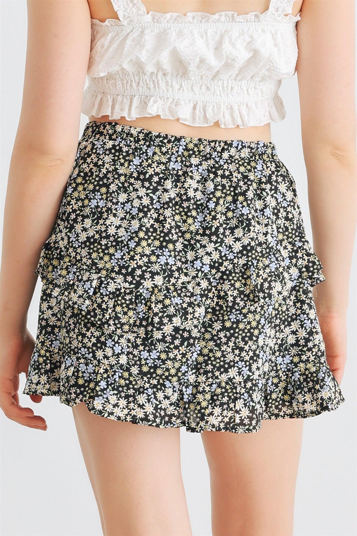 Black Multi Floral High Waist Tiered Mini Skirt /3-2-1