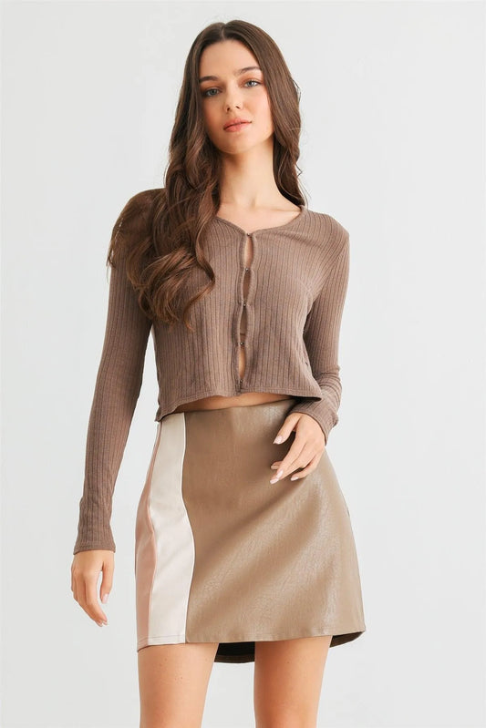 Mocha & Ivory Pink Color Block Faux Leather Mini Skirt /1-2-2-1 - Tasha Apparel Wholesale