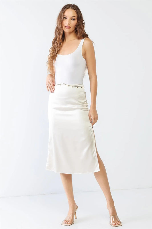 Cream Satin Ruched Back High Waist Side Slit Gold Chain Midi Skirt /1-2-2-1 - Tasha Apparel Wholesale