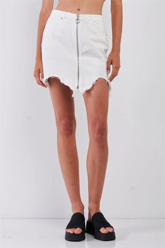 High Waisted Denim Raw Hem Front Zip Mini Jean Skirt - Tasha Apparel Wholesale