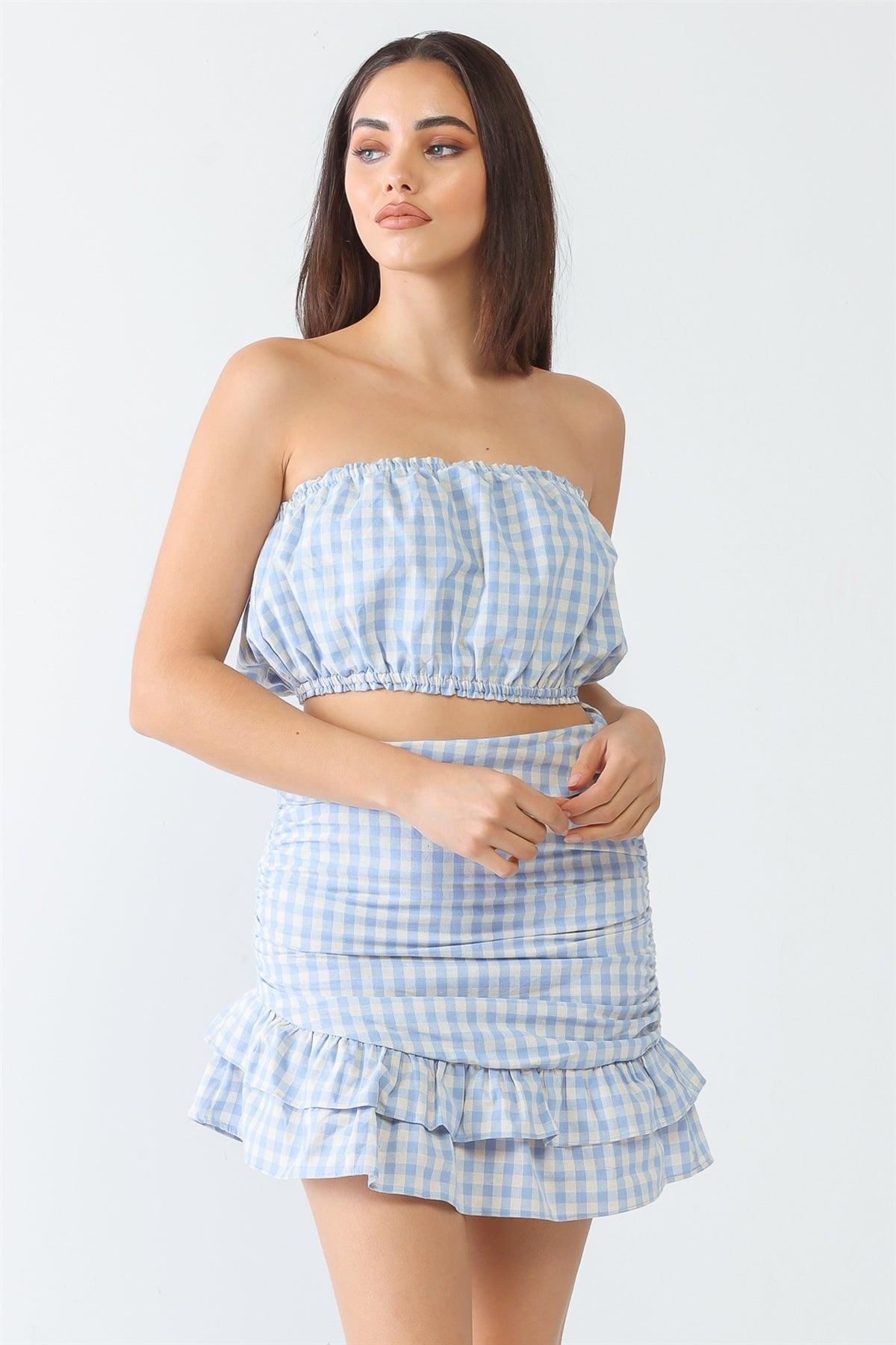Blue Plaid Cotton Strapless Crop Top & High Waist Flare Hem Mini Skirt Set /3-2-1