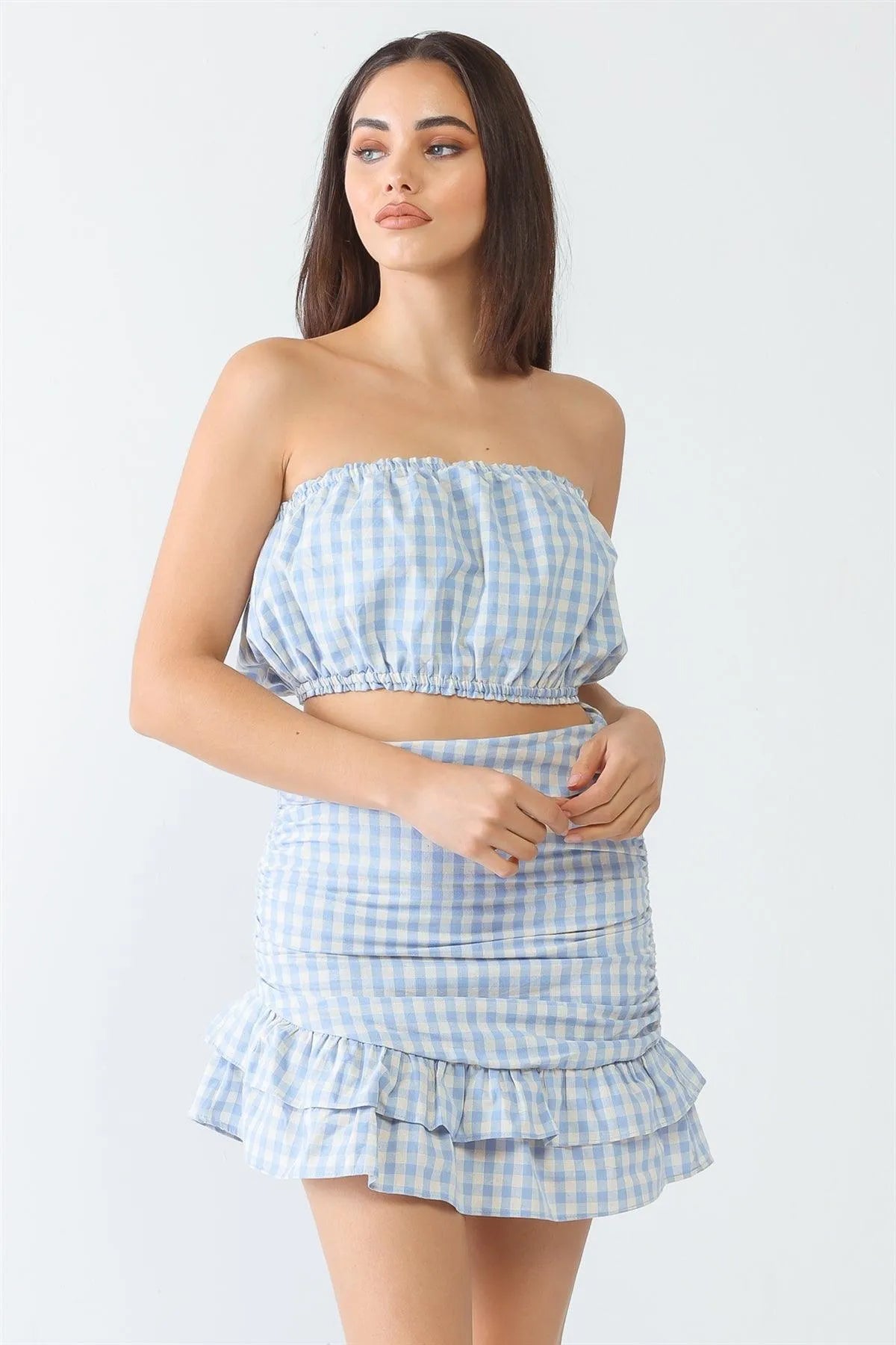 Blue Plaid Strapless Crop Top & Flare Hem Mini Skirt Set - Tasha Apparel Wholesale