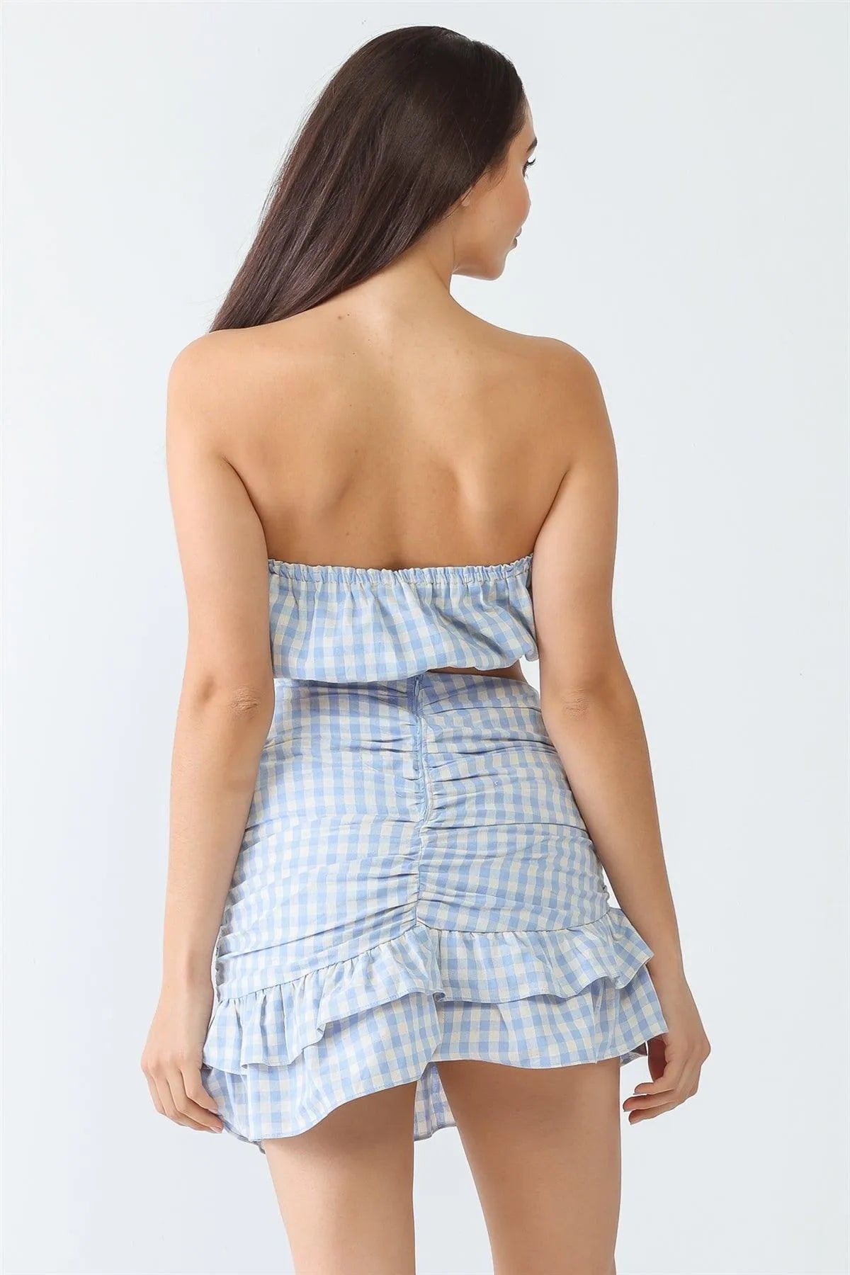 Blue Plaid Strapless Crop Top & Flare Hem Mini Skirt Set - Tasha Apparel Wholesale