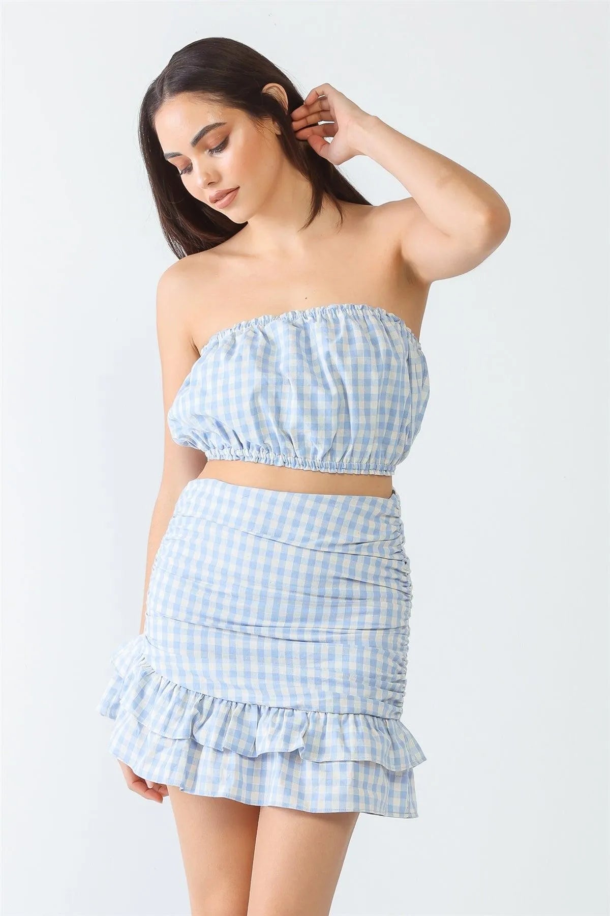 Blue Plaid Strapless Crop Top & Flare Hem Mini Skirt Set - Tasha Apparel Wholesale