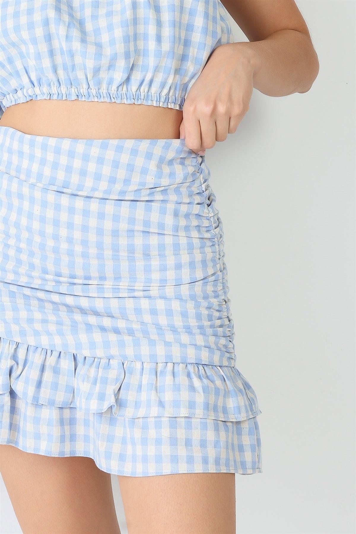 Blue Plaid Cotton Strapless Crop Top & High Waist Flare Hem Mini Skirt Set /3-2-1