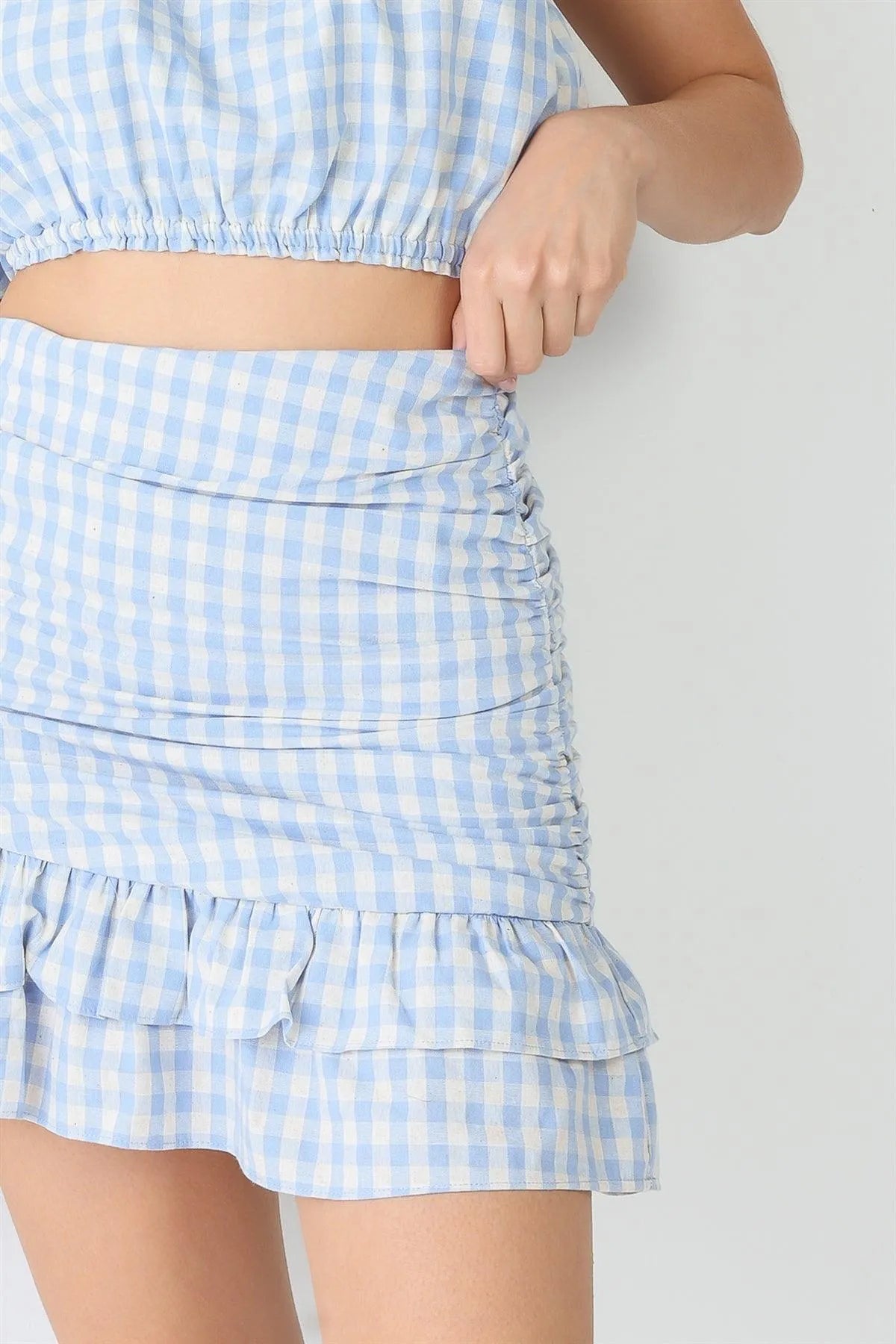 Blue Plaid Strapless Crop Top & Flare Hem Mini Skirt Set - Tasha Apparel Wholesale