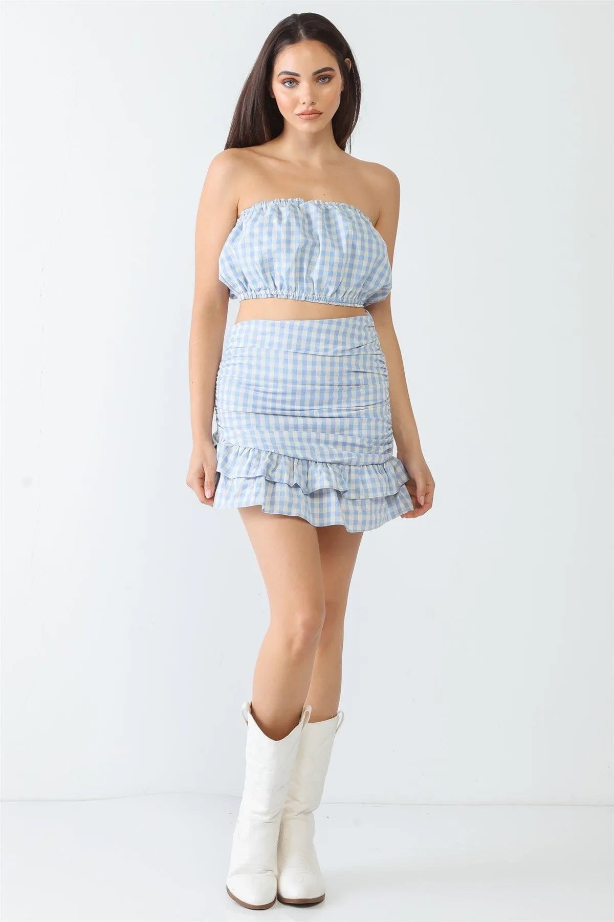 Blue Plaid Strapless Crop Top & Flare Hem Mini Skirt Set - Tasha Apparel Wholesale